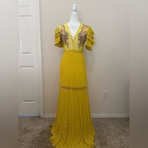 Cleobella Yellow Amery Maxi Dress Sz XS Floral Embroidery Sheer Boho Vacation